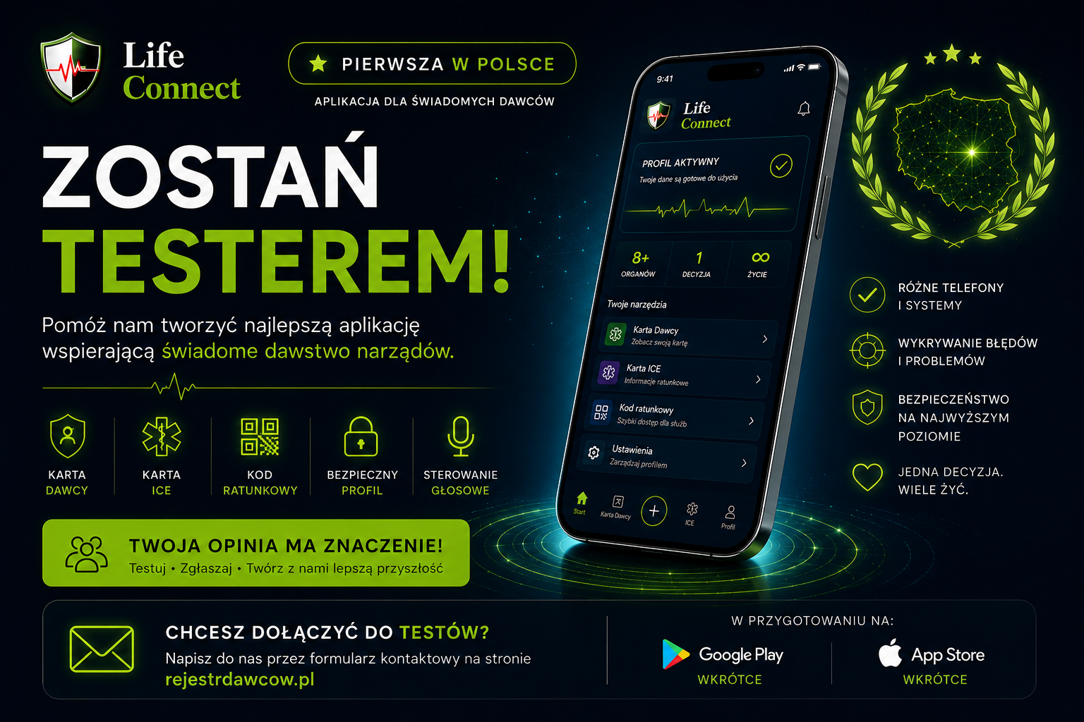 Grafika zapraszająca do udziału w testach aplikacji Life Connect